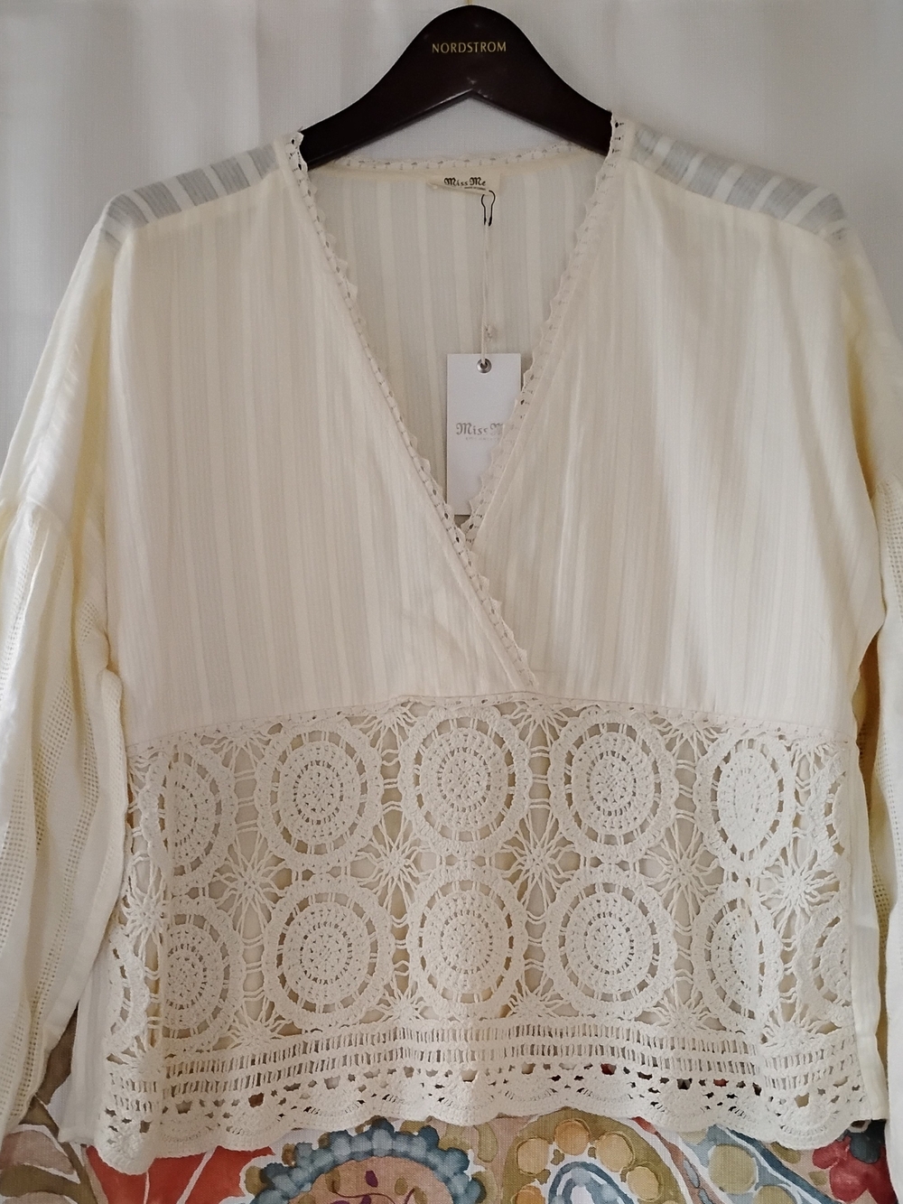 Miss Me Cream Crochet-Detail V-Neck Top